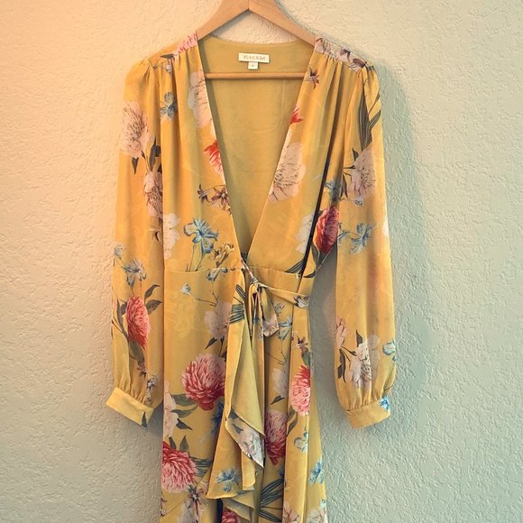 Yumi Kim Dresses & Skirts - Yumi Kim Yellow Floral High Low Wrap Dress M